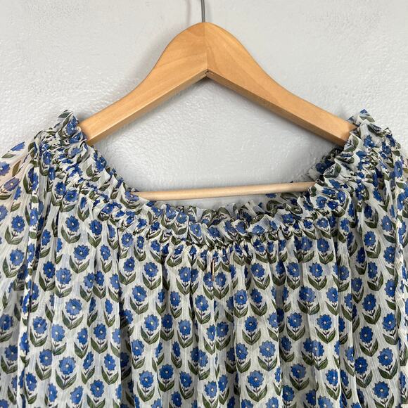 Misa Los Angeles Top Size M Blue White Blouse Ruffle Sleeves On/Off-the-Shoulder - Picture 7 of 11